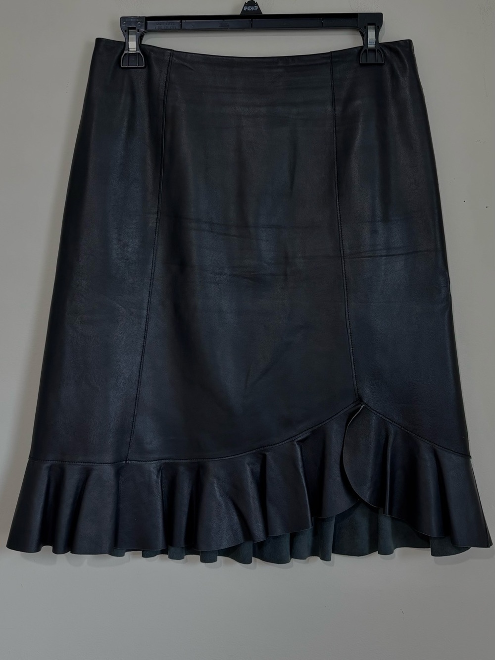 The Wrights black soft leather ruffle hem A-line midi skirt office party causal